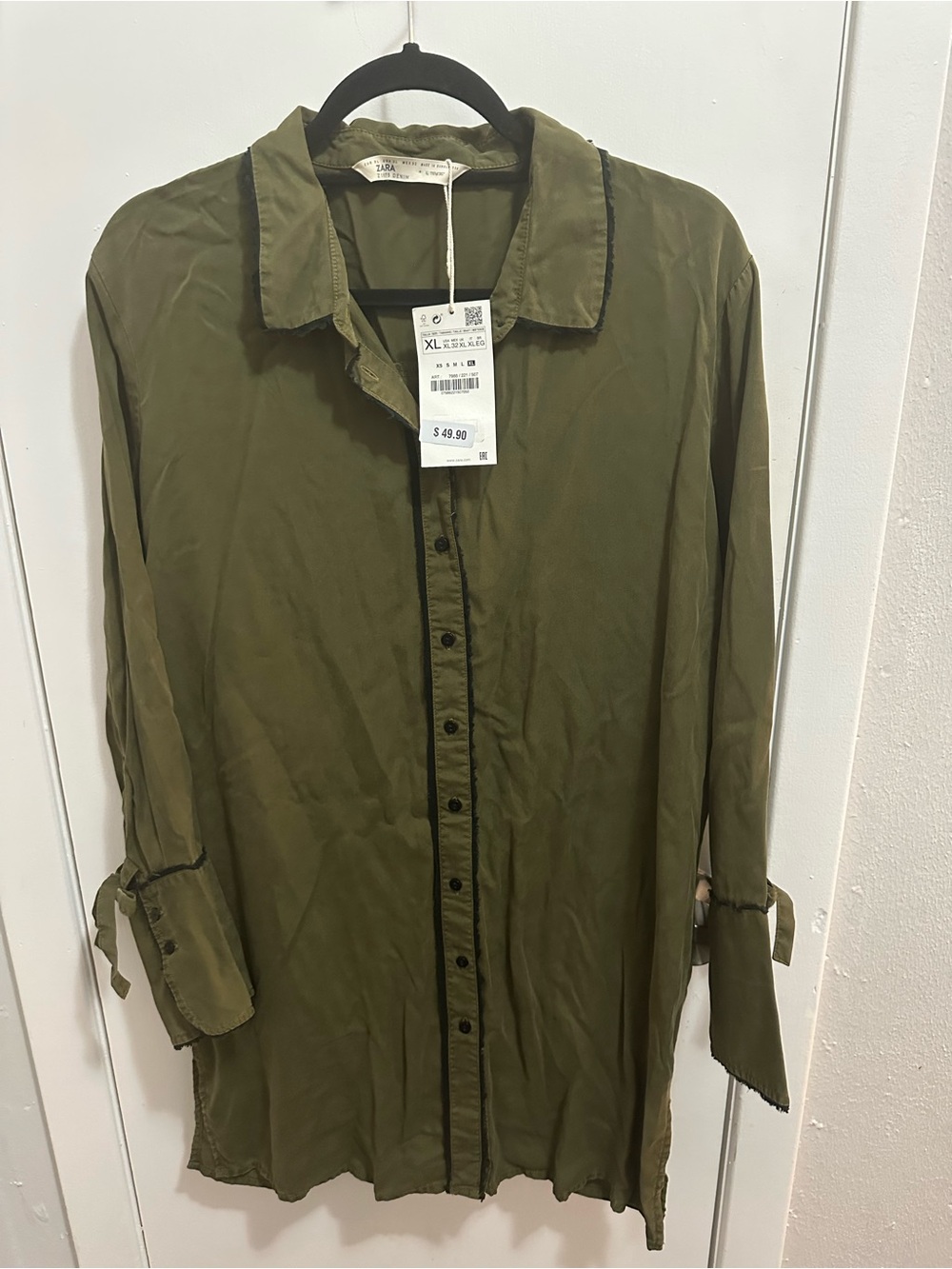Zara Olive Green Long Shirt Jacket with Black Trim